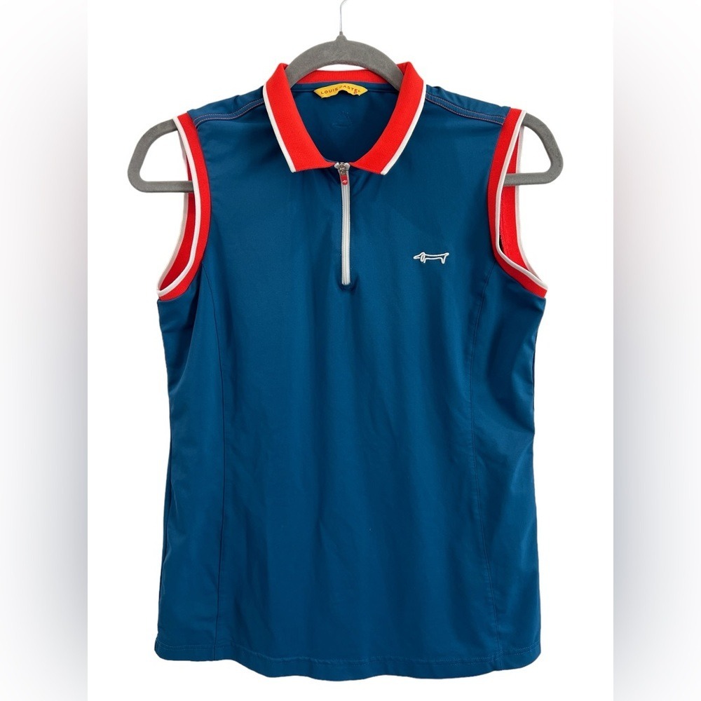 Louis Castel Womens Sleeveless Golf Polo Blue Red White Quarter Zip Size 95